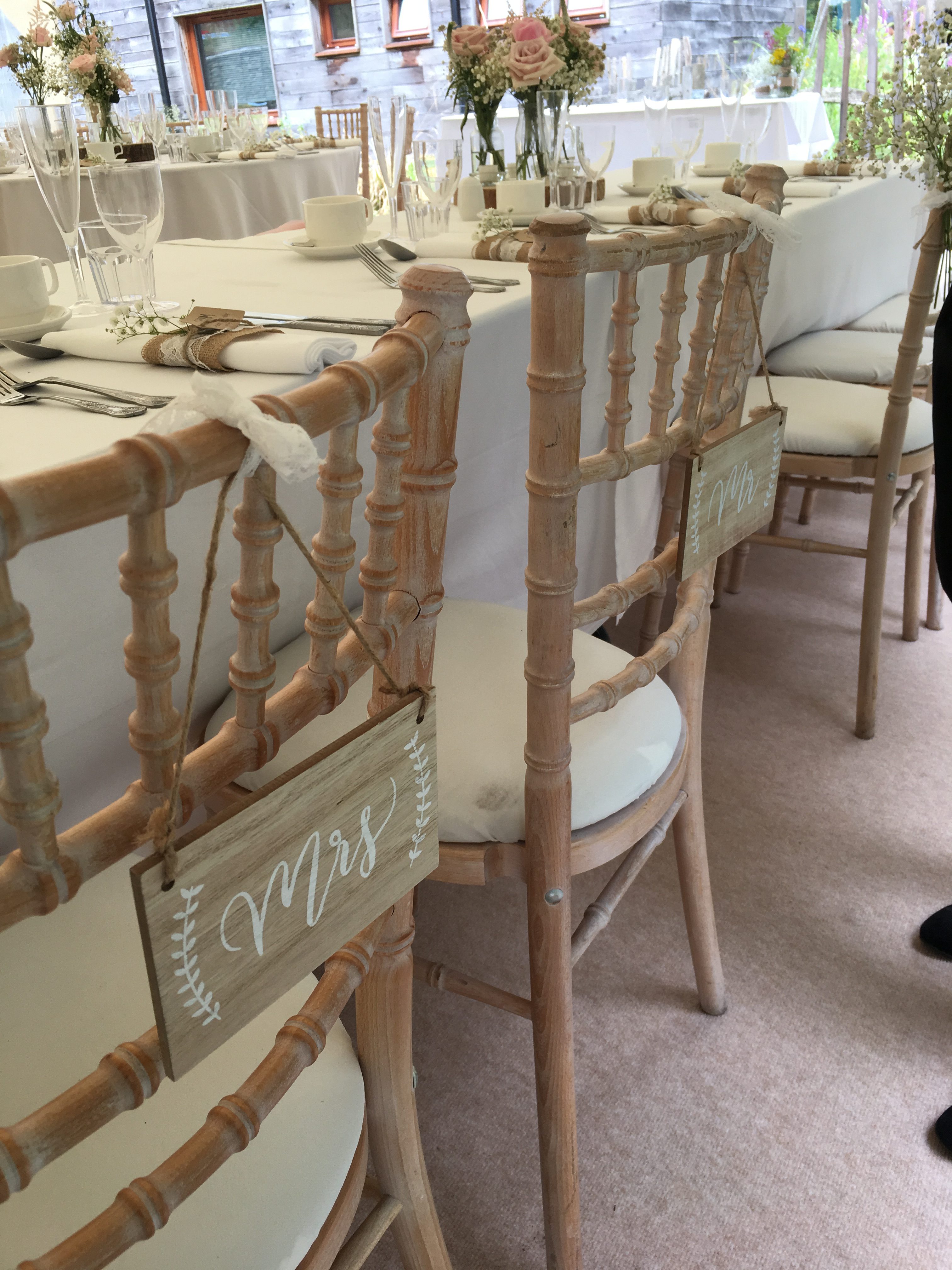 Cream Limewash Chiavari Chairs - Mr & Mrs Chair Signs Close up Sophia's Final Touch - Venue Styling - Weddings