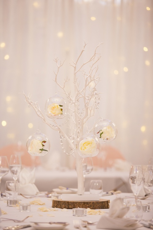 White Manzanita Trees with Glass Hanging Balls– Wedding Venue Styling- Sophia’s Final Touch- Wedding & Event Decoration