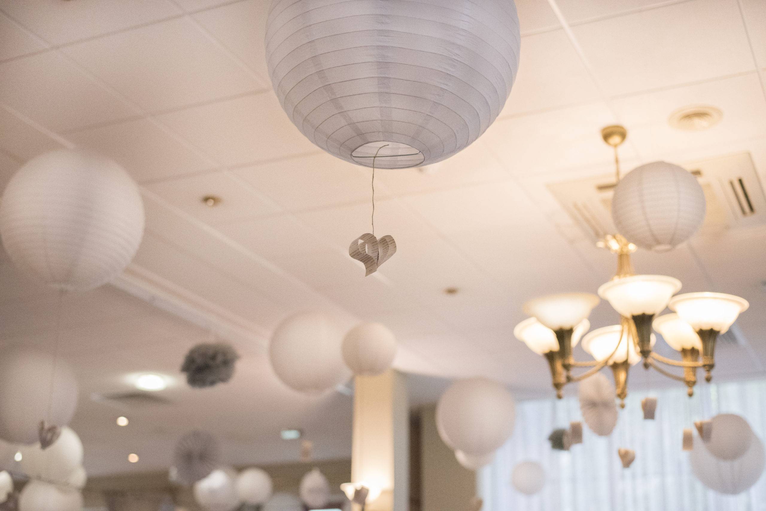 a room filled with lots of white paper lanterns.