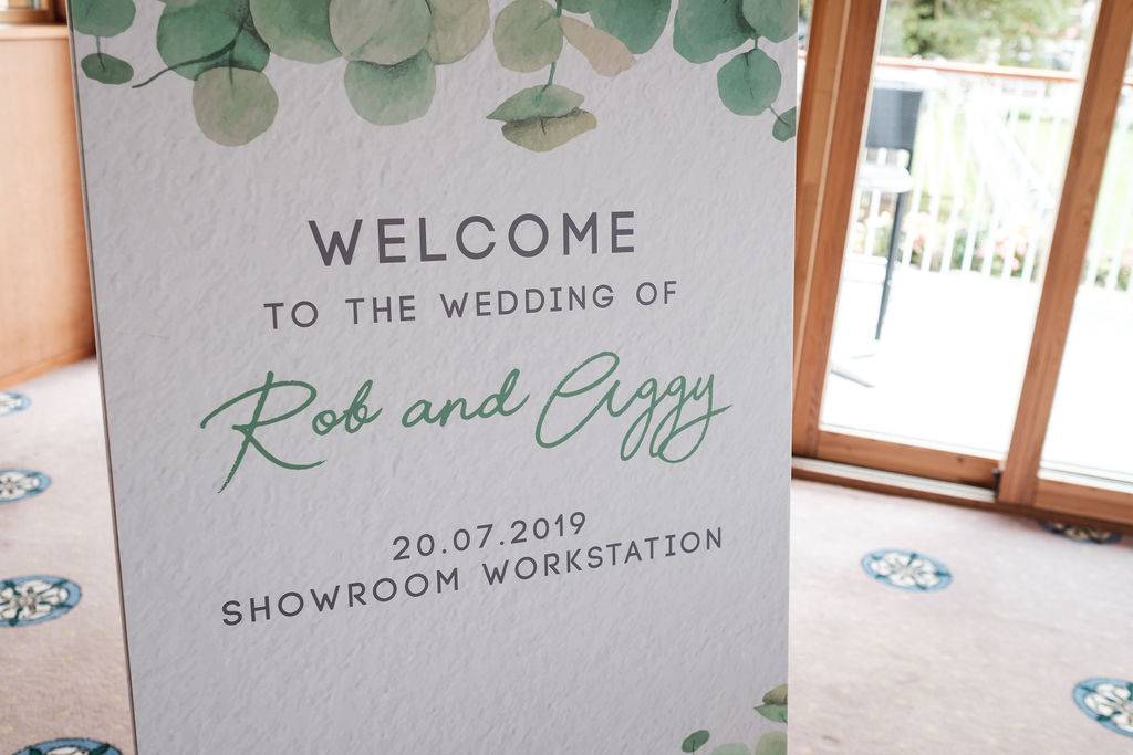 a welcome sign for a wedding in a room.