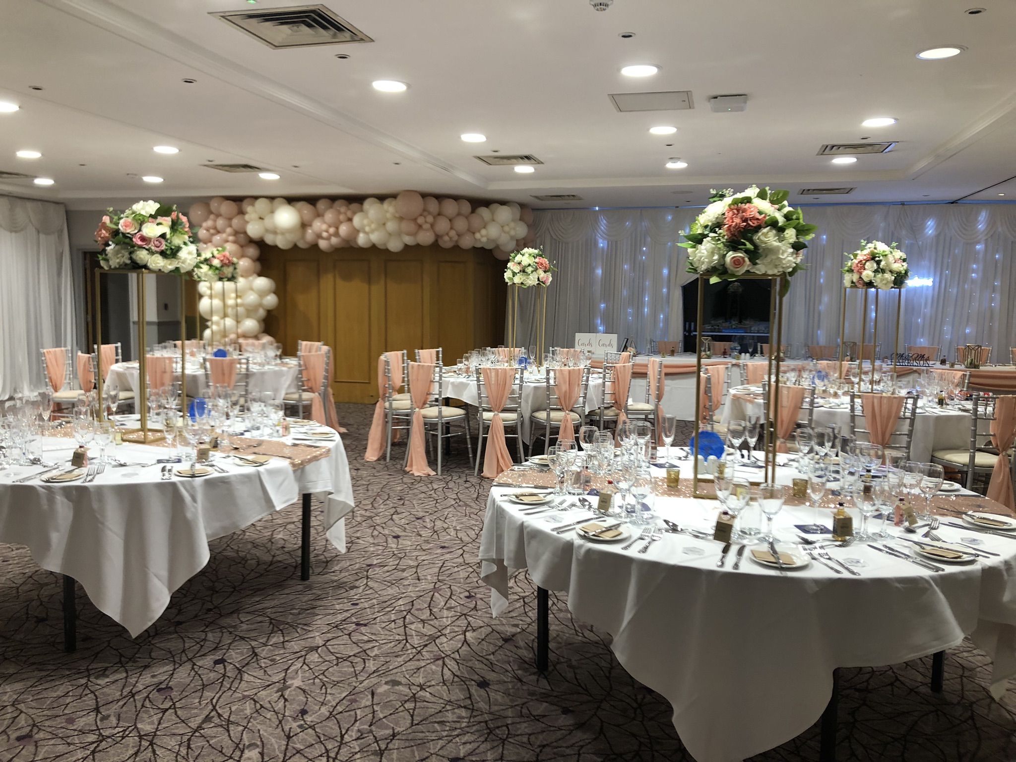 a banquet room set up for a formal function.