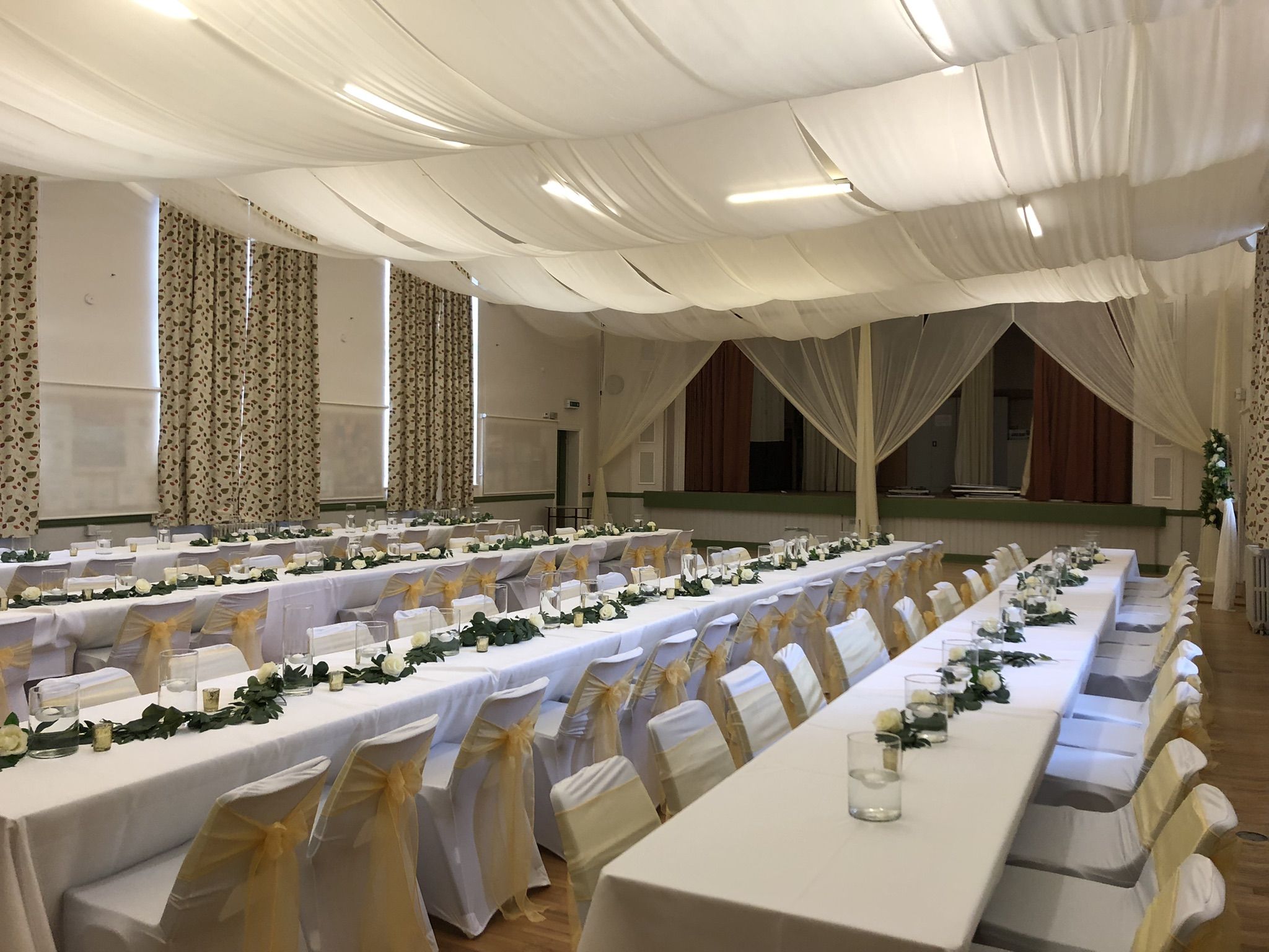 a banquet hall set up for a formal function.