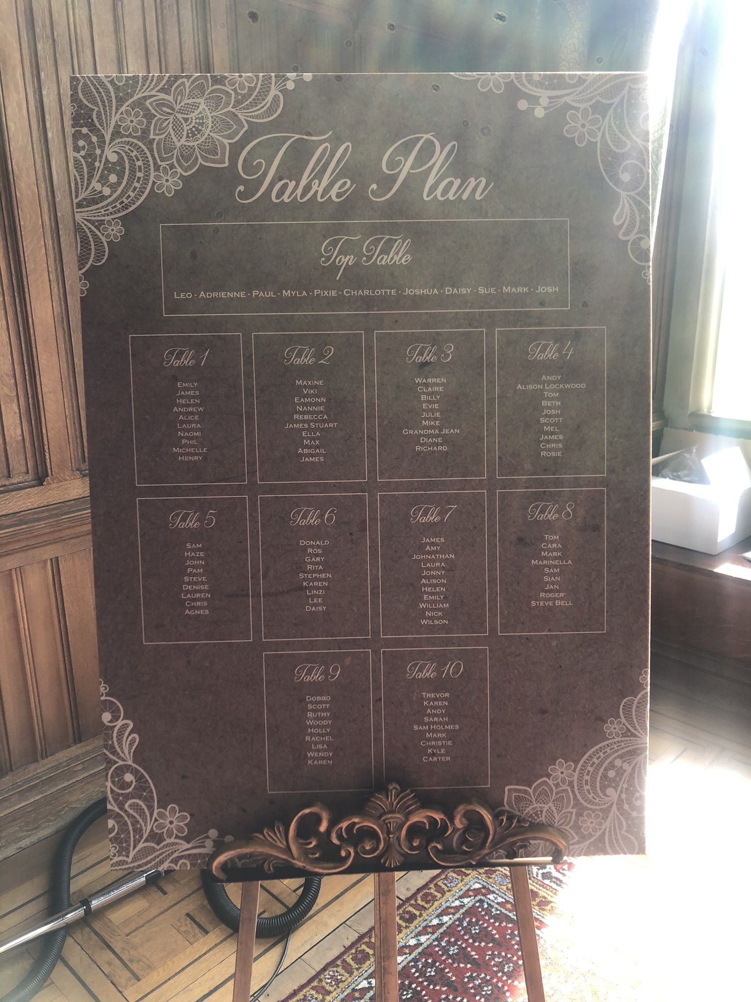 a table plan on a stand in a room.