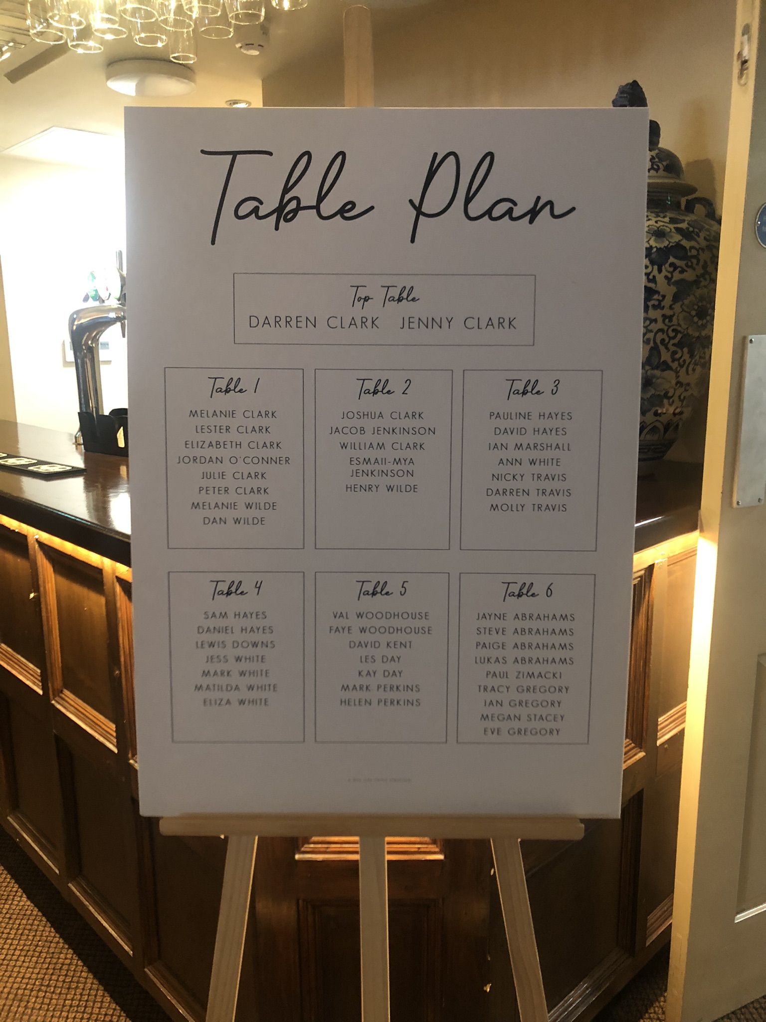 a table plan sitting on top of a wooden stand.