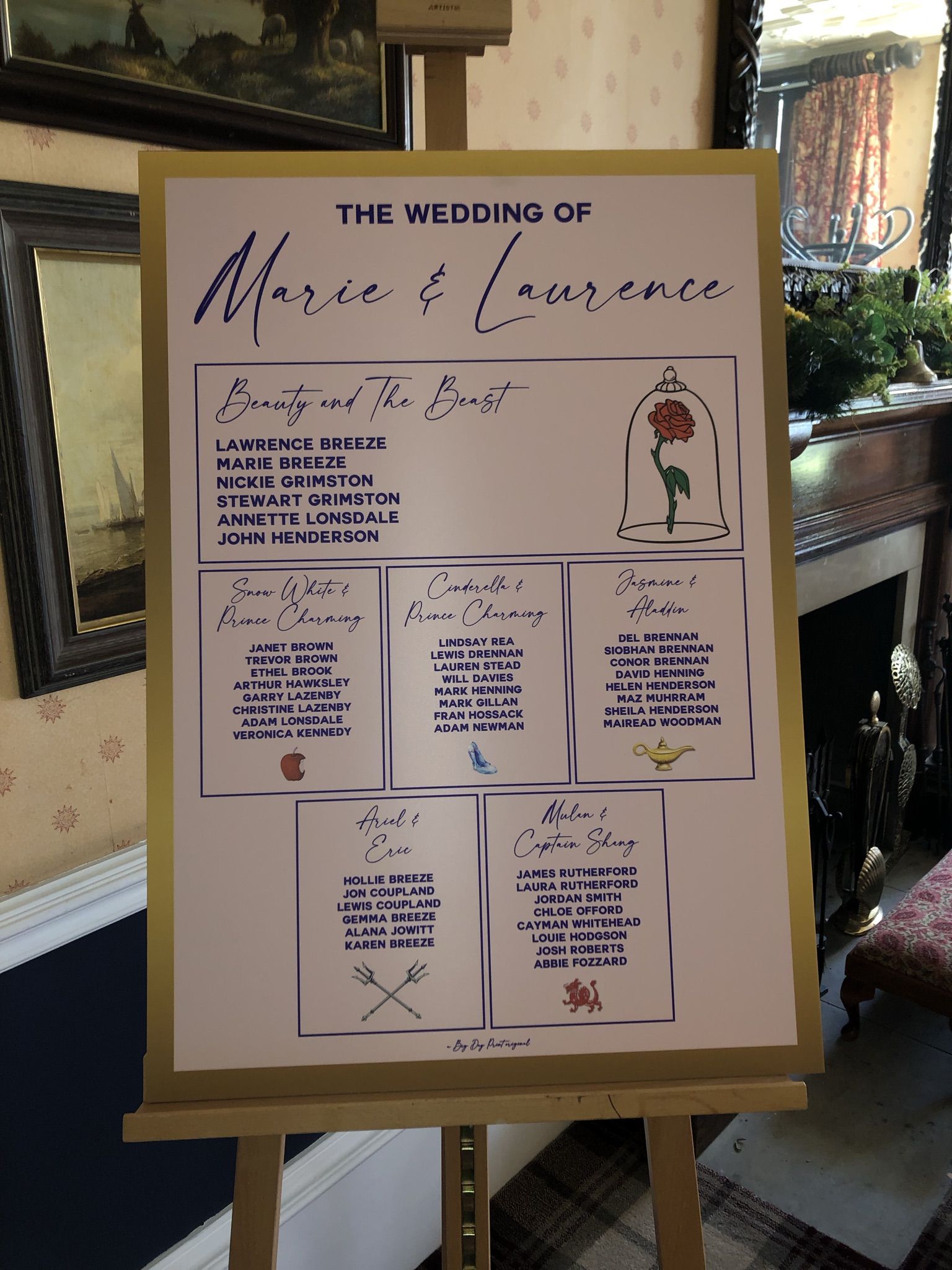 a wedding seating chart on a easel in a room.