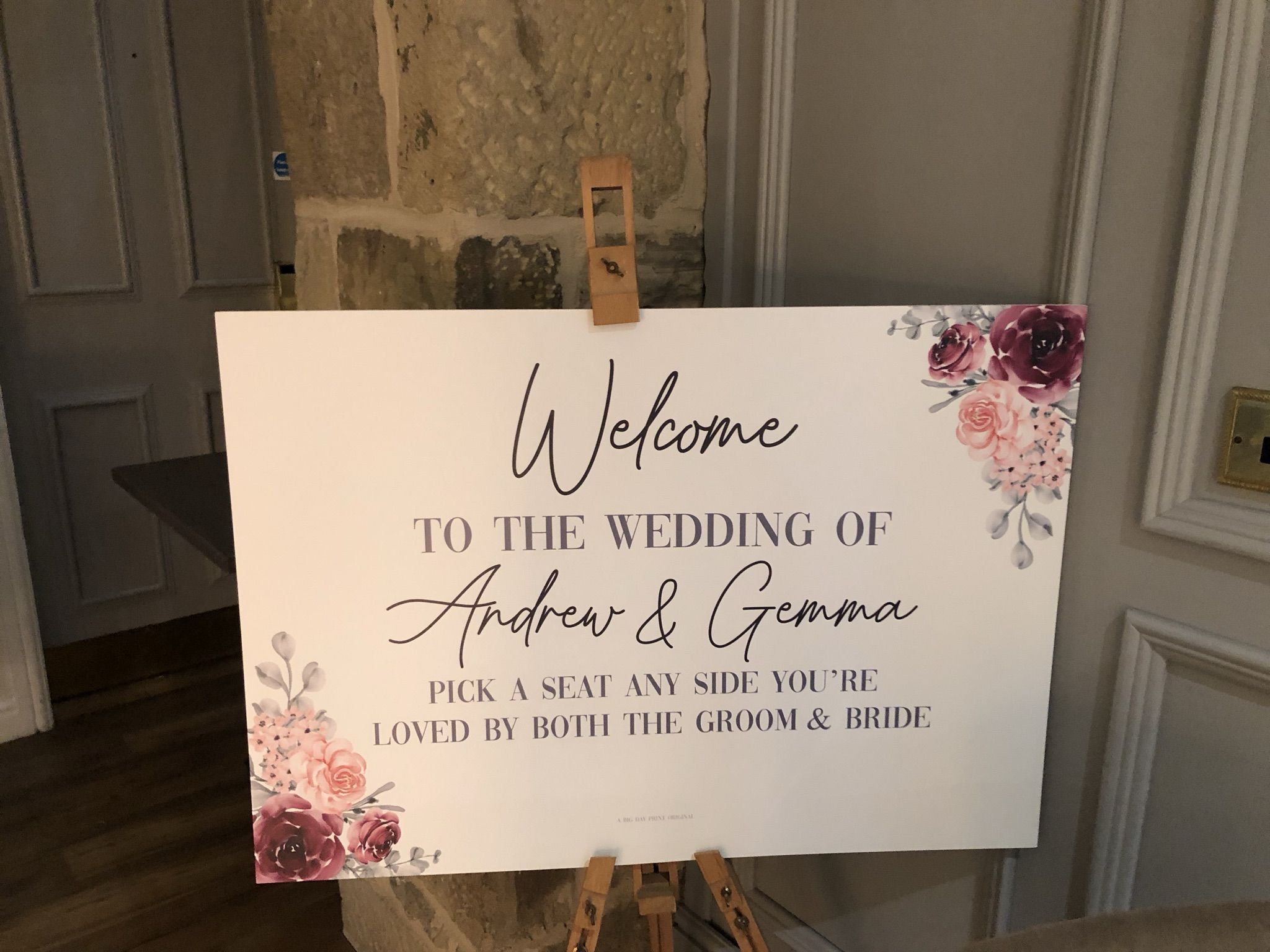 a welcome sign for the bride and groom.