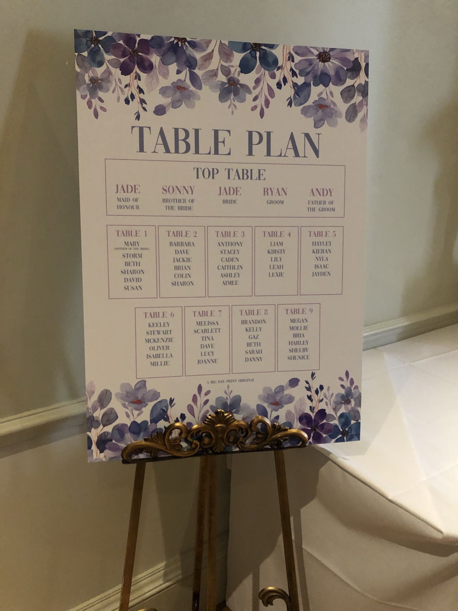 a table plan sitting on top of a easel.