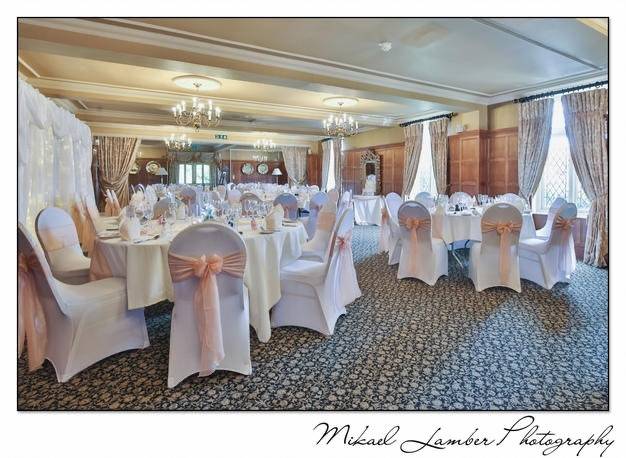 a banquet room set up for a wedding.